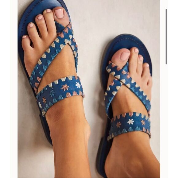 Free People Leather Bella Caia Crocheted Sandals in Blue - Picture 2 of 5